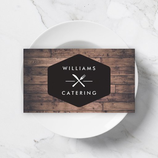 Customizable Rustic Distressed Wood Fork Knife Intersect Logo 2 Business Card Template