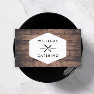 Rustic Crossed Fork Knife Logo Distressed Wood II Business Card