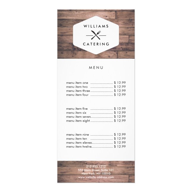 Rustic Crossed Fork Knife Logo Distressed Wood II Rack Card (Front)