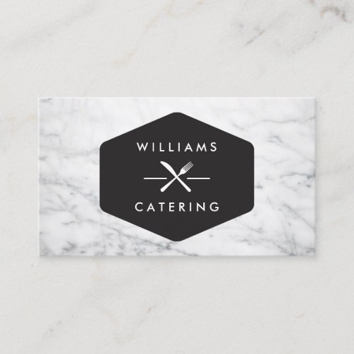 Rustic Crossed Fork Knife Logo White Marble Business Card