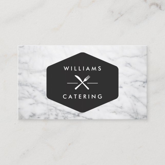 Rustic Crossed Fork Knife Logo White Marble Business Card (Front)