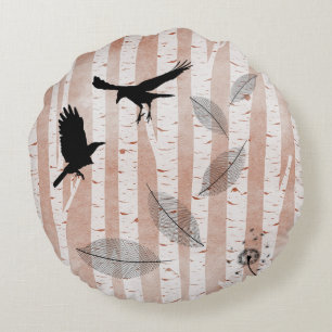 Rustic Crows in White Birch Forest Round Pillow