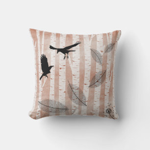 Rustic Crows in White Birch Forest Throw Pillow
