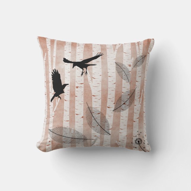 Rustic Crows in White Birch Forest Throw Pillow (Front)