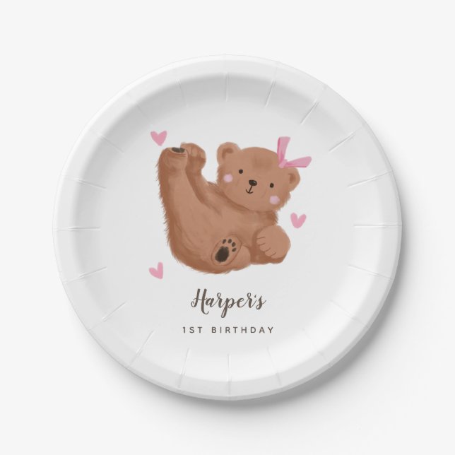 Rustic Cub Bear Pink Kids Birthday Party  Paper Plates (Front)
