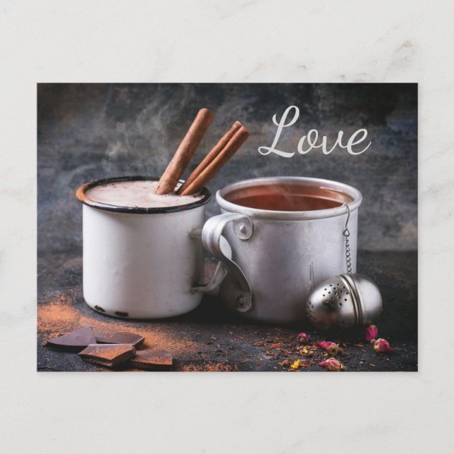 Rustic Cup of Tea and Hot Chocolate Couple in Love Postcard (Front)