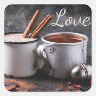 Rustic Cup of Tea and Hot Chocolate in Love Square Sticker