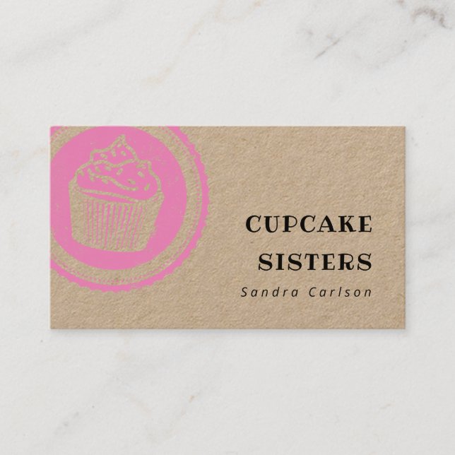Rustic cupcake pink logo stamp kraft business card (Front)