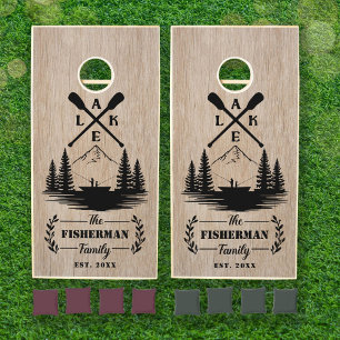 Rustic Custom Family Name Lake House Taupe Wood Cornhole Set