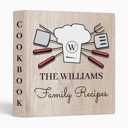 Rustic Custom Family Name  Monogram Cookbook Chef 3 Ring Binder