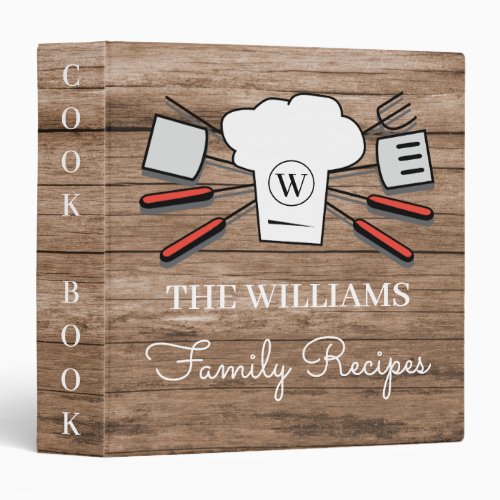 Rustic Custom Family Name  Monogram Cookbook Chef 3 Ring Binder