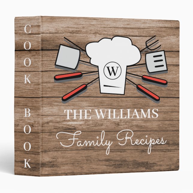 Rustic Custom Family Name & Monogram Cookbook Chef 3 Ring Binder (Front/Spine)