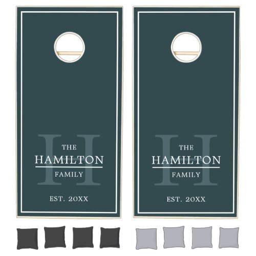 Rustic Custom Family Name Monogram Green White Cornhole Set