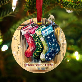 Rustic Custom Family Name Twinkle Christmas Metal Ornament