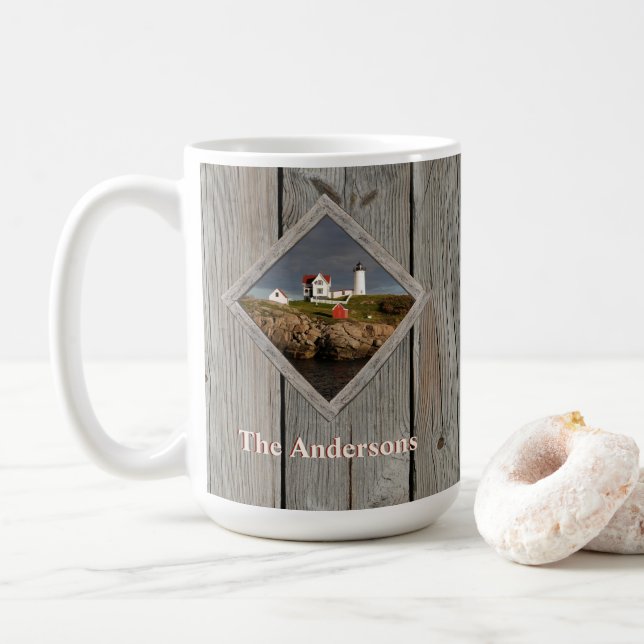 Rustic Custom Family Nubble Lighthouse Coffee Mug (With Donut)