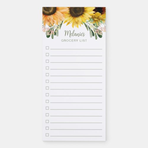 Rustic Custom Name Sunflower Grocery List Magnetic Notepad
