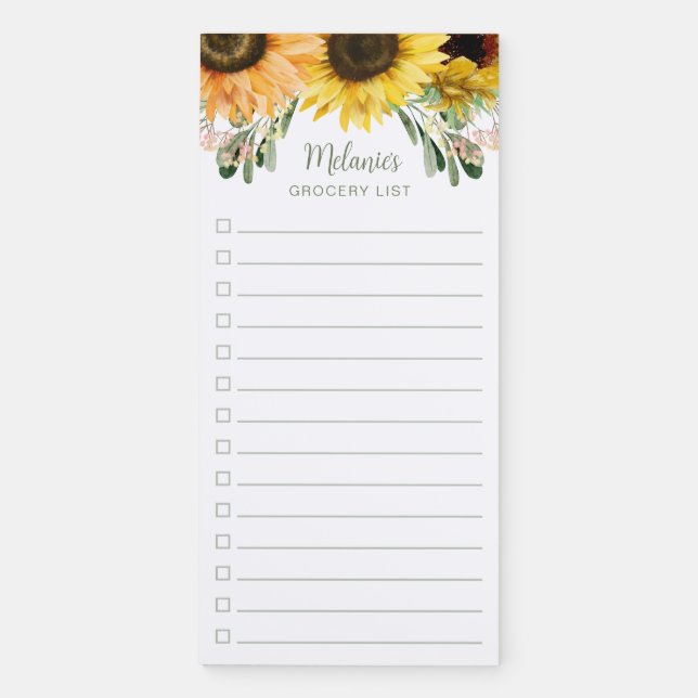 Rustic Custom Name Sunflower Grocery List Magnetic Notepad (Front)