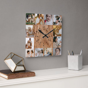 Rustic Custom Photo Collage Family Square Wall Clock