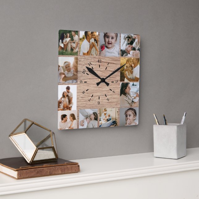 Rustic Custom Photo Collage Family Square Wall Clock (Office)