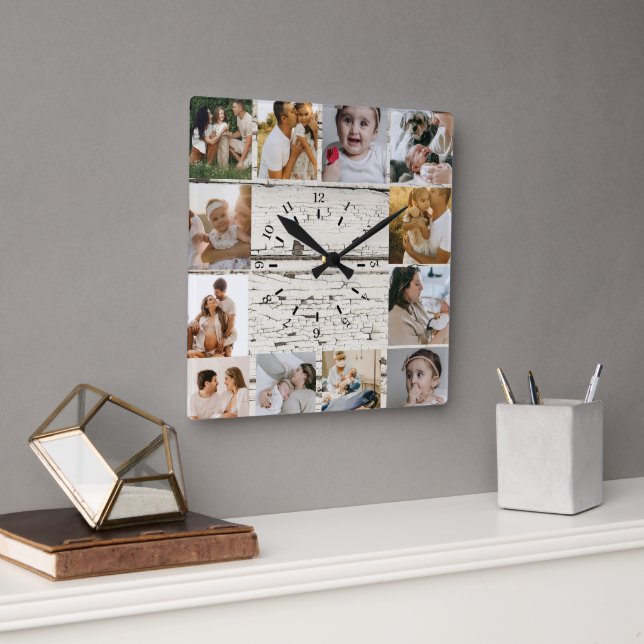 Rustic Custom Photo Collage Family Square Wall Clock (Office)