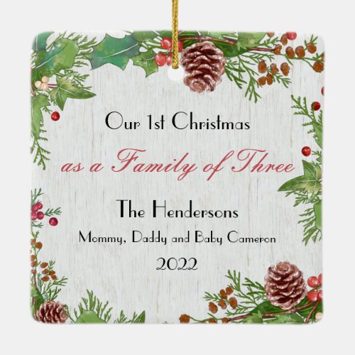 Rustic Custom Photo Family of 3 1st Xmas Newborn   Ceramic Ornament