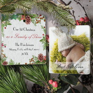 Rustic Custom Photo Family of 3 1st Xmas Newborn Ceramic Ornament