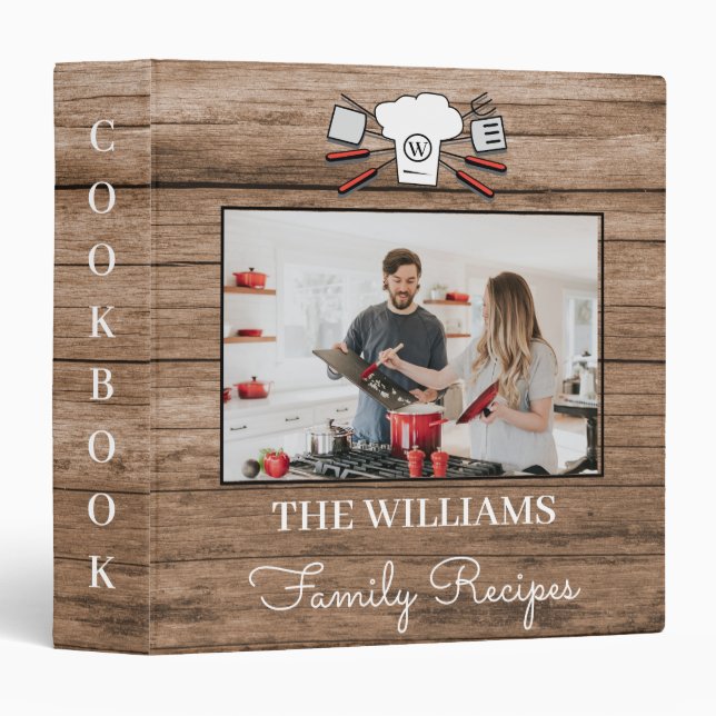 Rustic Custom Photo Name Monogram Family Recipe 3  Ring Binder (Front/Spine)