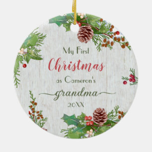 Rustic Custom Photo New Grandma 1st Christmas  Ceramic Ornament