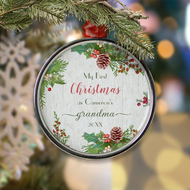 Rustic Custom Photo New Grandma 1st Christmas Metal Ornament (Creator Uploaded)