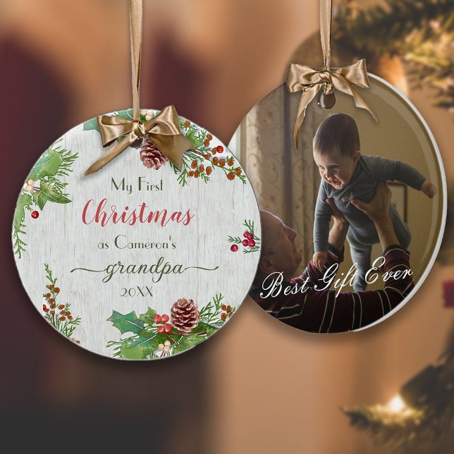 Rustic Custom Photo New Grandpa 1st Christmas   Ceramic Ornament (Creator Uploaded)