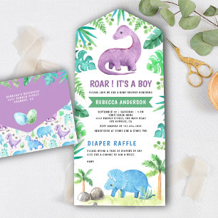 Rustic Cute Blue and Purple Dinosaur Baby Shower All In One Invitation