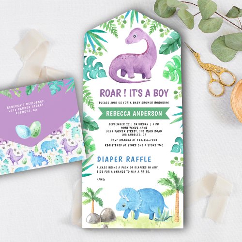 Rustic Cute Blue and Purple Dinosaur Baby Shower All In One Invitation