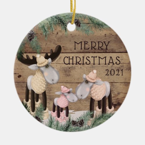 Rustic Cute Deer Family Photo Wood Pine Ceramic Or Ceramic Ornament