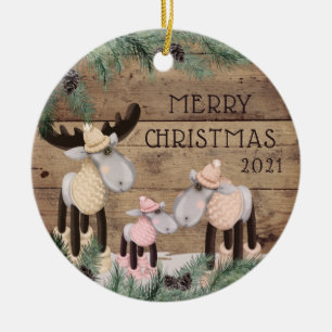 Rustic Cute Deer Family Photo Wood Pine Ceramic Or Ornament