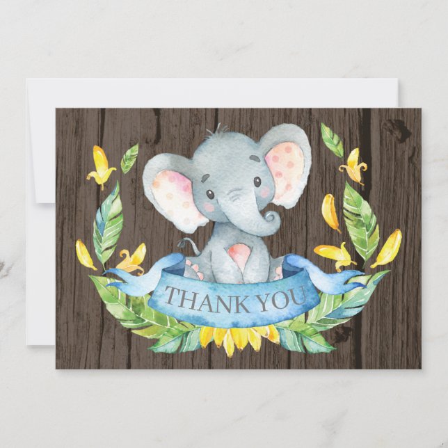 Rustic Cute Elephant Baby Boy Blue and Gray Thank You Card (Front)