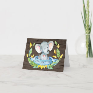 Rustic Cute Elephant Baby Boy Blue and Gray Thank You Card