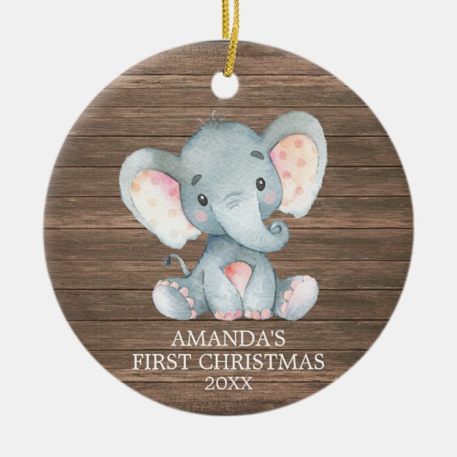Rustic Cute Elephant Baby First Christmas Ceramic Ornament (Front)