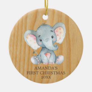 Rustic Cute Elephant Baby First Christmas Ceramic Ornament
