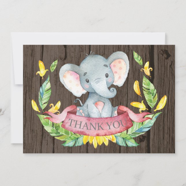 Rustic Cute Elephant Baby Girl Pink and Gray Thank You Card (Front)