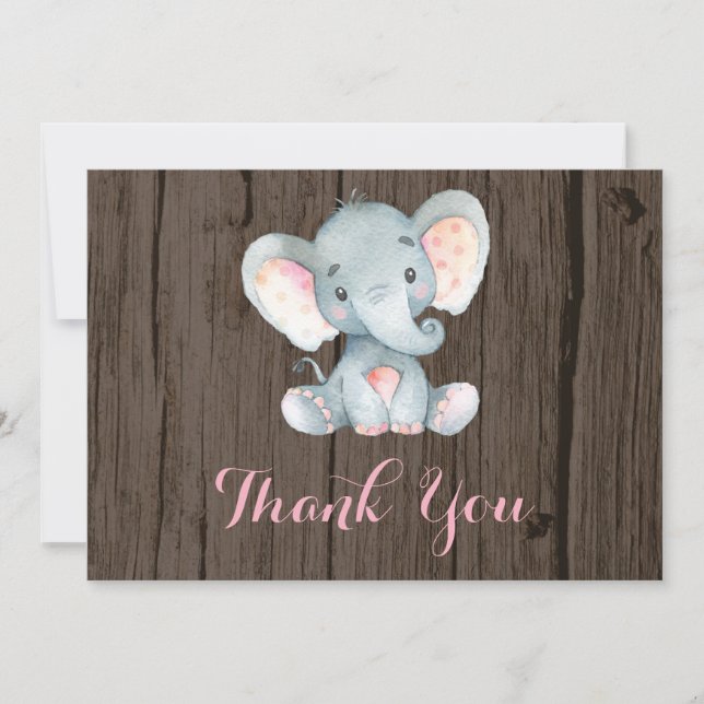 Rustic Cute Elephant Baby Girl Pink and Gray Thank You Card (Front)