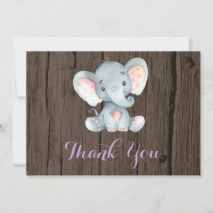 Rustic Cute Elephant Baby Girl Purple and Gray Thank You Card