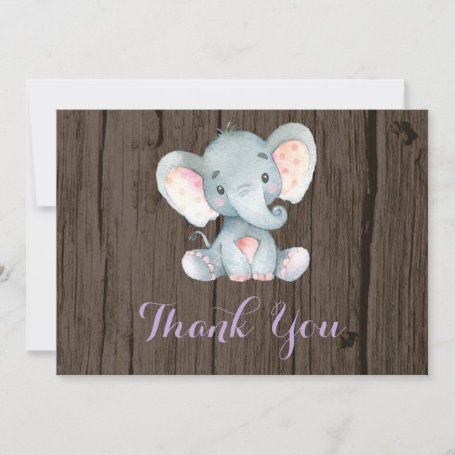 Rustic Cute Elephant Baby Girl Purple and Gray Thank You Card (Front)