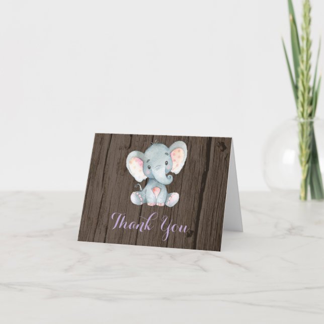 Rustic Cute Elephant Baby Girl Purple and Gray Thank You Card (Front)