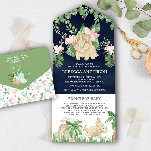 Rustic Cute Floral Dinosaur Navy Blue Baby Shower All In One Invitation