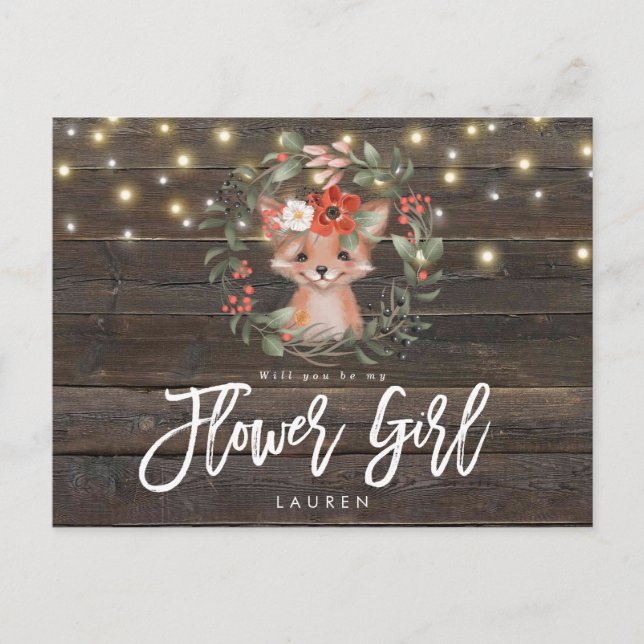 rustic cute fox floral will you be my flower girl announcement postcard (Front)