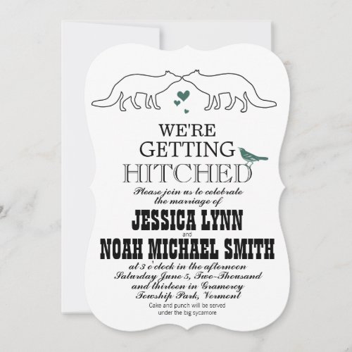 Rustic Cute Fox Romantic Green Hearts Wedding Custom Announcement