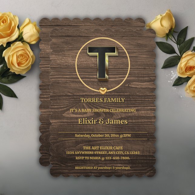 Rustic Cute Gold Heart Monogram Family Baby Shower Invitation (Creator Uploaded)