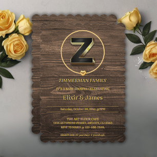 Rustic Cute Gold Heart Monogram Family Baby Shower Invitation