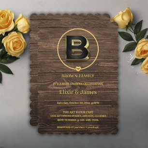 Rustic Cute Gold Heart Monogram Family Baby Shower Invitation