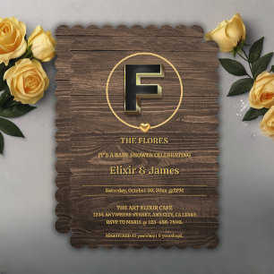 Rustic Cute Gold Heart Monogram Family Baby Shower Invitation